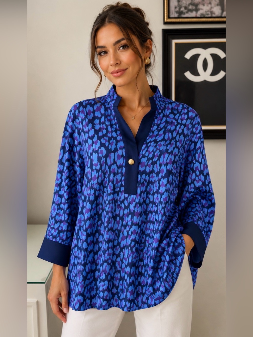 entro Blue & Purple Printed V-Neck Tunic Top